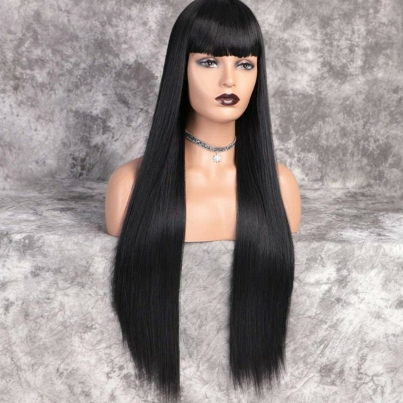 Black with Bangs 30in Straight Wig - Picture 2 of 4